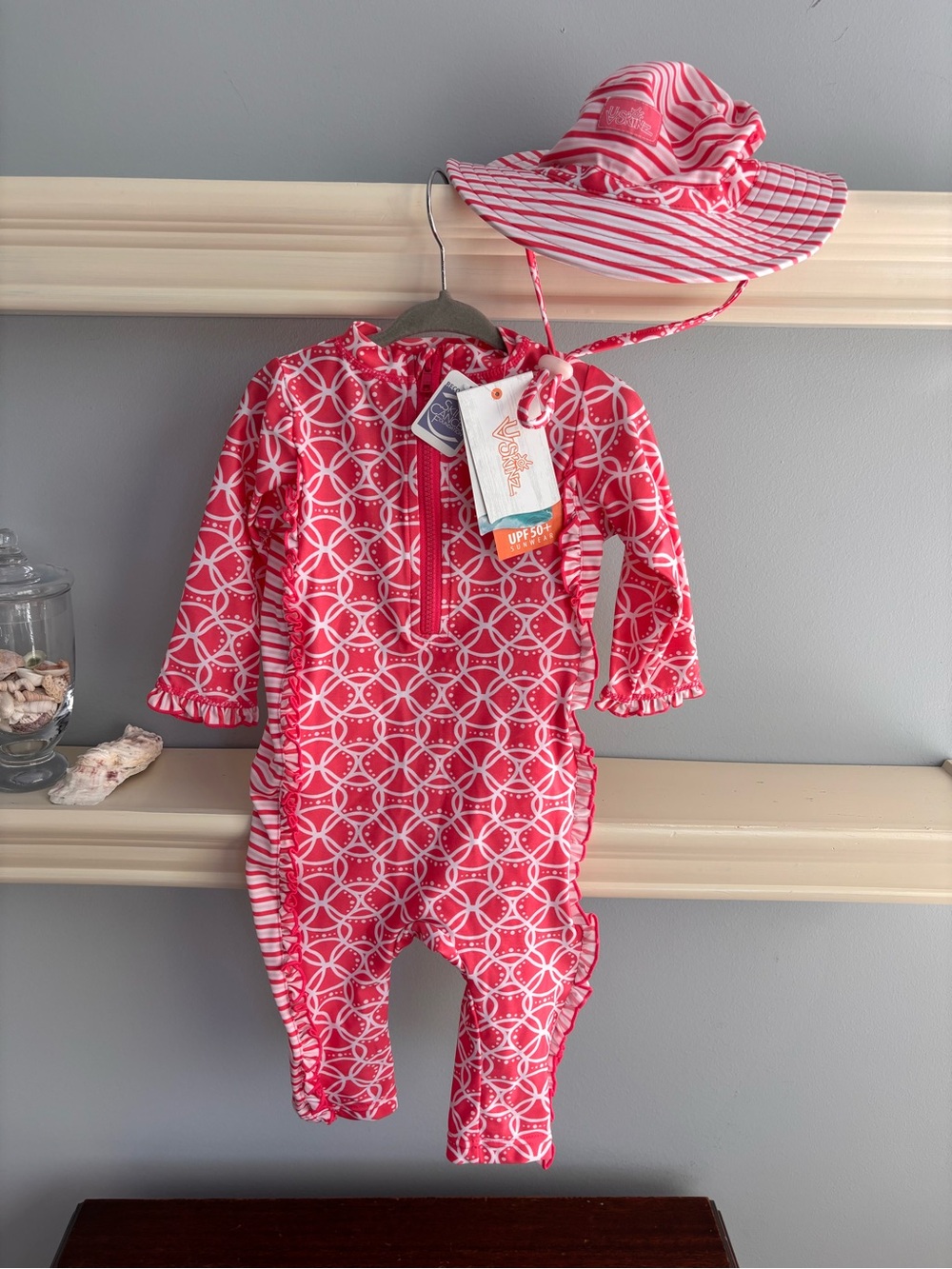 NWT - Baby UPF One-Piece Swim Footie with Matching Sun Hat - Pink Pattern